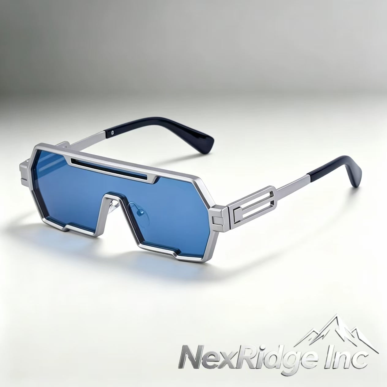 NexRidge Y2K Cyberpunk Silver Shield Sunglasses with Blue Lenses
