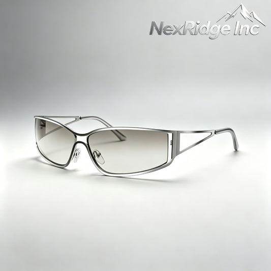 NexRidge Y2K Silver Metal Wrap Around Sunglasses with Cutout Temples