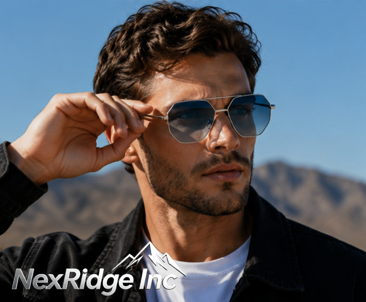 NexRidge Vintage Silver Metal Geometric Aviator Sunglasses with Gradient Blue Lenses