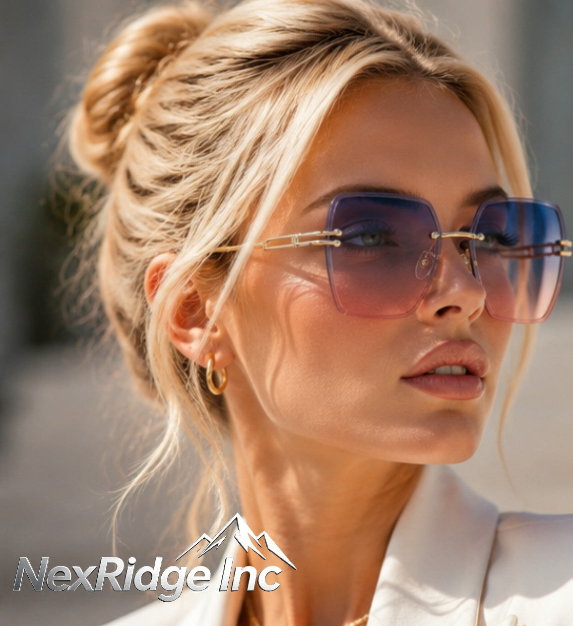 NexRidge Elegant Rimless Square Sunglasses with Blue to Pink Gradient Lenses