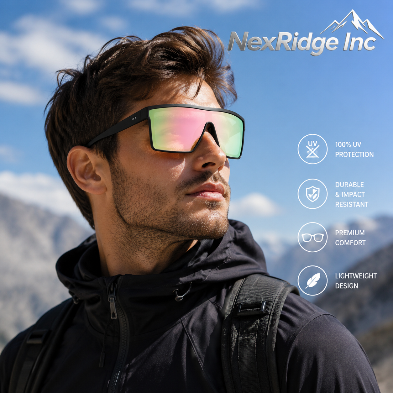 NexRidge Matte Black Flat Top Shield Sunglasses with Pink Mirrored Lenses