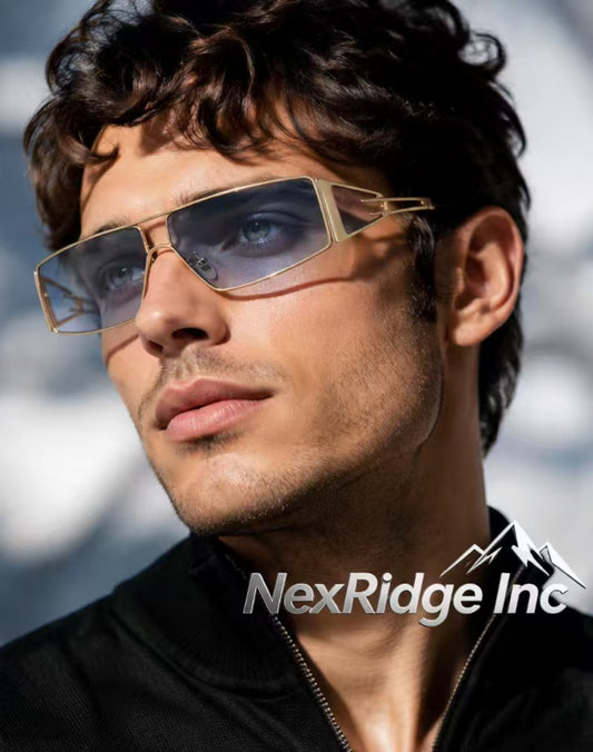 NexRidge Y2K Futuristic Gold Shield Sunglasses with Light Blue Tinted Lenses