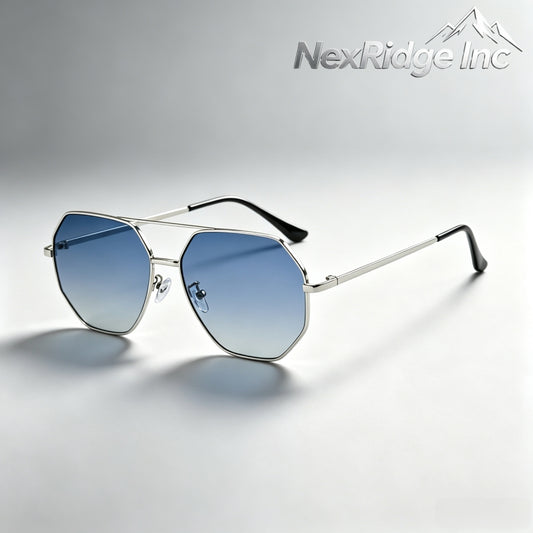 NexRidge Vintage Silver Metal Geometric Aviator Sunglasses with Gradient Blue Lenses